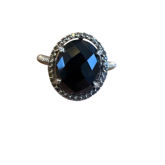 Sterling Silver Black Oval Gemstone Ring Halo Size 8 Judith Ripka - Picture 2 of 5